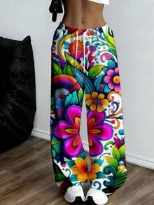 1 Piece Floral Print Wide Leg Pants Women Casual Boho Style Colorful Pattern Comfortable Loose Fit For Daily Wear And Travel - 白色 - 查看 1