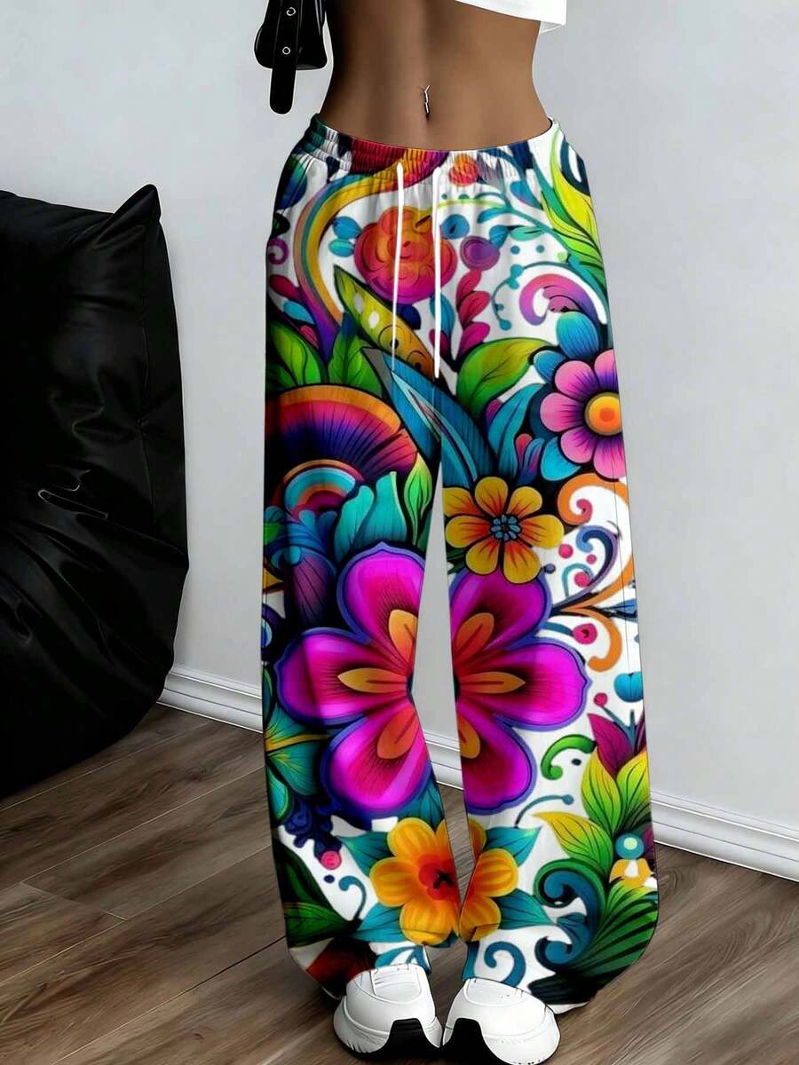 1 Piece Floral Print Wide Leg Pants Women Casual Boho Style Colorful Pattern Comfortable Loose Fit For Daily Wear And Travel - 白色 - 查看 1
