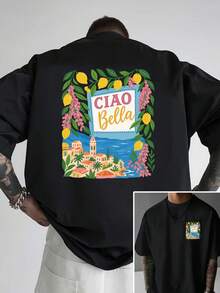 Men's Italian Style Ciao Bella-Shirt - Loose Fit Drop Shoulder Short Sleeve Tee With Front & Back Italian Lettering Print, Summer Hot Item - 白色 - 查看 7