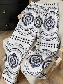 Women's Casual Pajama Pants, Long Pants Spring/Summer Style, Asymmetrical Print Design, Comfortable Casual Elastic Waist - White - View 1