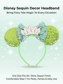 Disney Princess Tiana Minnie Mouse Ear Headband, Lime Green Sequin Mouse Ears With Mint Green Glitter Bow And Pink Crown Decoration, Shiny Sequin Accessory, Suitable For Disney Theme Park Visits And Princess Birthday Parties - Classic Headband - View 1