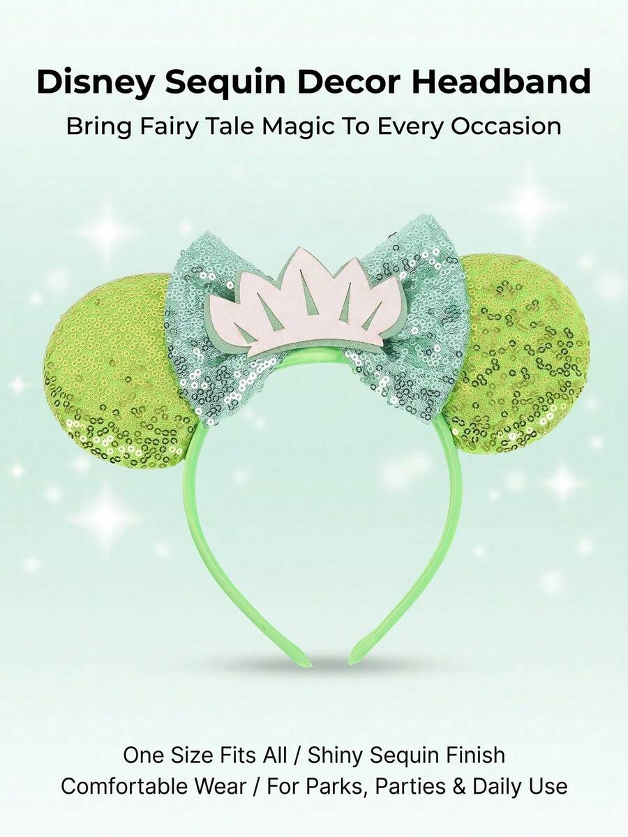 Disney Princess Tiana Minnie Mouse Ear Headband, Lime Green Sequin Mouse Ears With Mint Green Glitter Bow And Pink Crown Decoration, Shiny Sequin Accessory, Suitable For Disney Theme Park Visits And Princess Birthday Parties - Classic Headband - View 1