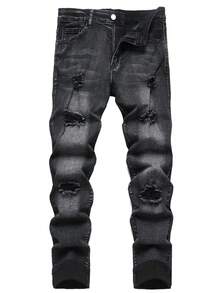 Pantalones vaqueros ajustados con roturas para hombres - Negro - Ver 7