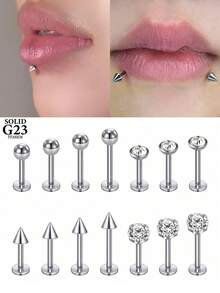 CIZME 16G 6/8/10/12mm 耳环，钛钢唇环，唇部穿孔饰品，耳环，扁平低过敏性脸颊/酒窝穿孔饰品，锆石唇环，男女通用耳环及穿孔饰品，适用于耳部、鼻部、唇部 - 銀色 - 查看 9