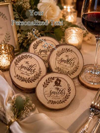 Descansos de Copo de Madeira Personalizados com Gravação - Lembrancinhas de Casamento Personalizadas, Presentes de Casamento Rústicos Únicos, Decoração de Festa de Aniversário, Descansos de Copo de Madeira em Lote