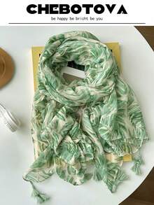 1pc Spring/Summer New Green Leaf Tassel Silk Scarf, Versatile Outdoor Sun Protection Shawl, Travel Photo Decoration Beach Towel, Daily Use Printed Silk Scarf - Green - View 6