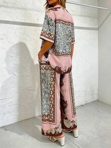 Women's Spring/Autumn Casual Fashion Full Print Bohemian Lapel Top And Allover Print Long Pants Elegant Daily 2-Piece Set Summer - Multicolor - View 2