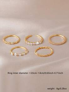 Juego de 5 anillos de circonita artificial incrustada, simple y versátil, apilable y combinable, adecuado para uso diario, citas, fiestas y reuniones de mujeres - Amarillo Oro - Ver 6