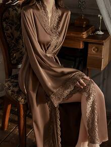 QING ROU Women's Elegant Satin Robe, Soft Lace Trim, Flared Long Sleeves, Silky Comfortable, Includes Belt Suitable For Home Use - Brown - View 3