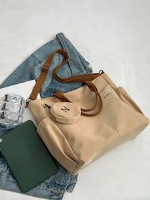 Letter Print Shopping Tote Bag And Coin Purse - Khaki - View 7