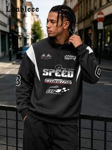 Lonblece 1pc Men's Half Zip Sweatshirt, Black & White Patchwork Racing Number Graphic Print Casual Pullover Sweatshirt - Black and White - View 1