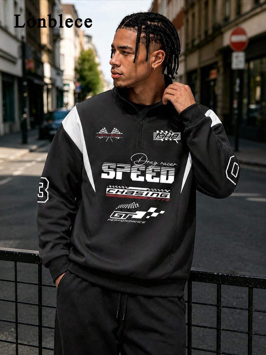 Lonblece 1pc Men's Half Zip Sweatshirt, Black & White Patchwork Racing Number Graphic Print Casual Pullover Sweatshirt - Black and White - View 1