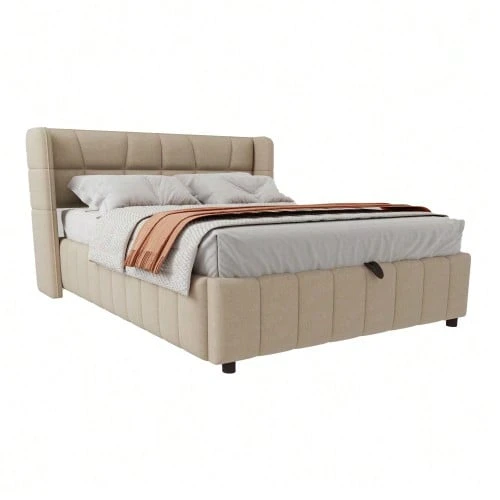 Upholstered Bed 140 X 200 Cm, Headboard, Sprung Base With Pneumatic Storage System, Linen Bed Frame, Suitable For Adults And Teenagers, Beige - 米色 - 查看 1