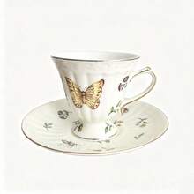 1 Set 2pcs 200ml European Vintage Pastoral Style Insect Pattern Gold Rim Coffee Cup & Saucer Set, Exquisite Tea Set For Hotel, Home, Afternoon Tea, Holiday Gift - Apricot - View 10
