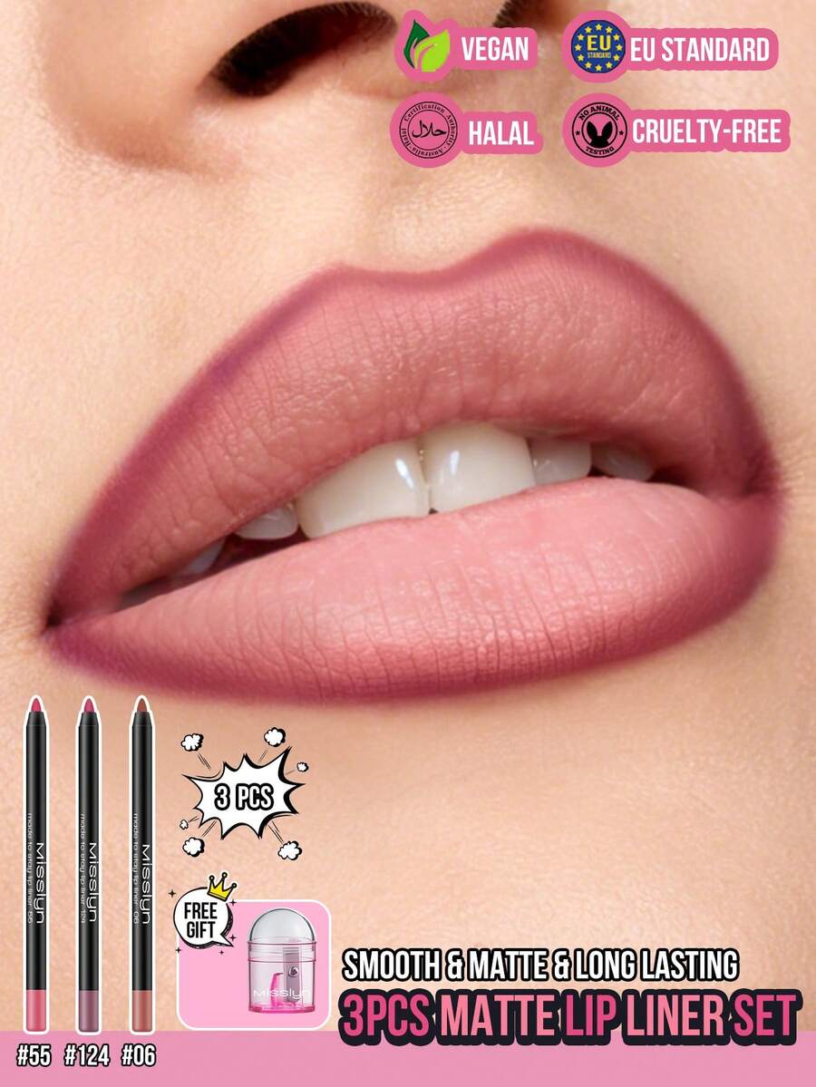 MISSLYN 3pcs Long-Lasting Lip Liner Set, Waterproof Lip Pencil Set, High Pigment, Smooth Application, Smudge-Proof, Rich Color Lip Contour Set, Lip Makeup, Party Makeup, Y2K Makeup, , Valentine's Day Gift - Shade 55+124+06 - View 1