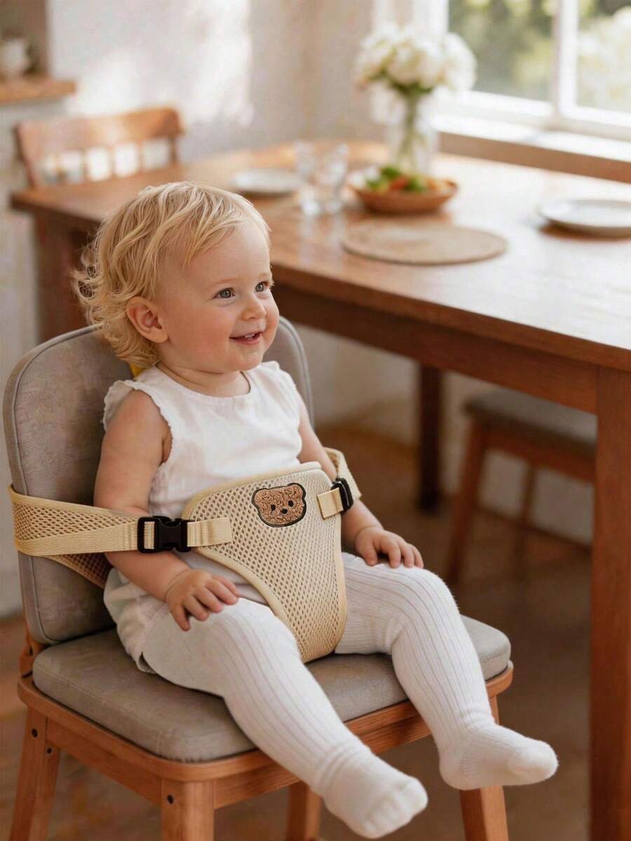 1 pieza Correa para silla alta de bebé, cinturón de asiento ajustable de malla transpirable con bordado de oso lindo, correa de fijación portátil universal para silla de comedor de niño pequeño para el hogar y viajes - Multicolor - Ver 1