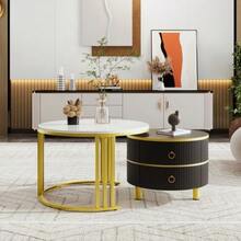 2-In-1 Round MDF Coffee Table, Side Table With Glossy Top And 1 White Marble Top, Living Room Coffee Table Combination With 2 Drawers - 黑色 - 查看 4