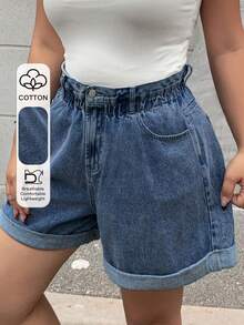 Plus Pantalones cortos vaqueros azules desgastados, de cintura elástica, sueltos, de pierna ancha y con puños, para verano - Azul lavado oscuro - Ver 1
