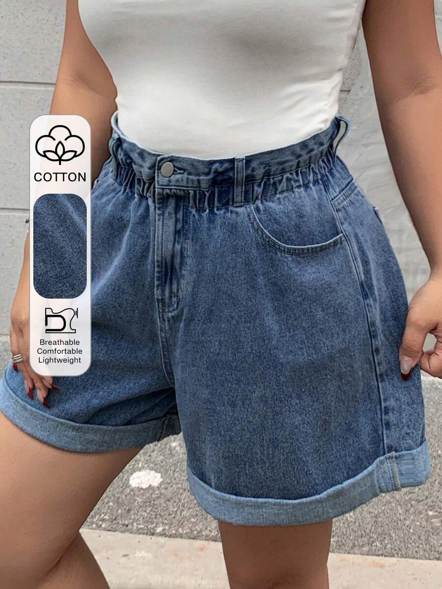 Plus Pantalones cortos vaqueros azules desgastados, de cintura elástica, sueltos, de pierna ancha y con puños, para verano - Azul lavado oscuro - Ver 1