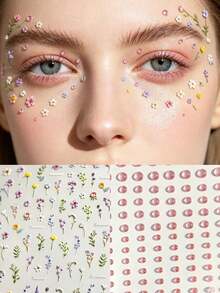 1 Set Macaron Colorful Ditsy Floral Face Decoration Stickers With Gradient Pink Transparent Semi-Circular Water Droplets, Thin Transparent Base With Self-Adhesive, Delicate Floral And Leaf Lines, Suitable For Forest Outdoor, Picnic Travel Photography, Spring Store Visits, Apply To Eyebrows, Eyes And Cheeks For Fresh Healing Dewy Face Glitter - Multicolor - View 6