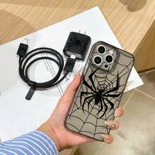 6件組太空貝殼黑色蜘蛛手機殼圖案 + 充電頭保護套 + 線材保護套 + 收納繩 + 數據線保護繩 TPU 防摔保護殼，相容 Apple 17 16 15 14 13 12 11 Mini Pro Max Air X XR XSMAX 8 7 Plus，智慧型手機保護殼，日常使用殼，時尚手機配件，創意設計，UV 列印設計，時尚保護殼，時尚愛好者，音樂愛好者，生日禮物完美選擇 - 彩色 - 查看 5