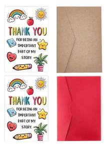 Happy Teacher Appreciation Cards With Envelopes - Vibrant Cartoon Design With Rainbow, Apple And Smiling Face, Daycare Or Preschool End Of Year Gift - A - View 13