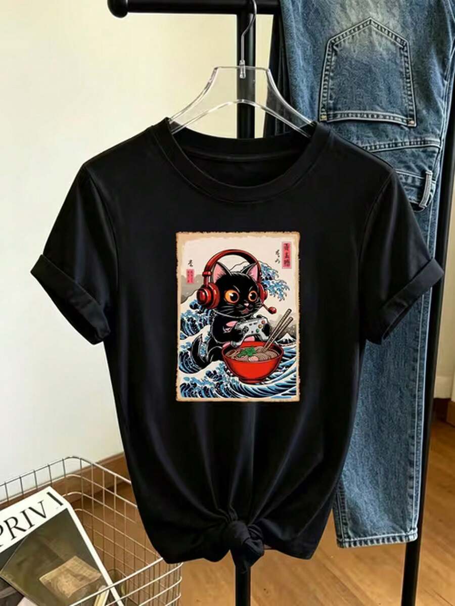 Fashionable Short-Sleeved T-Shirt For Ladies, Cute Little Bear Cool GIRL Letter Print Casual Loose-Fitting Women's 100% Pure Cotton Top, Women's Clothing - Black - View 1