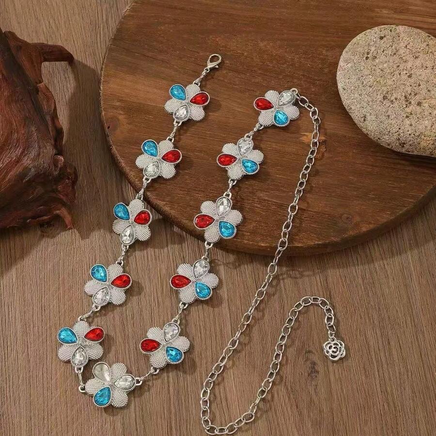 Y2K Sweet Bohemian Style Red Blue Transparent Three-Color Rhinestone Inlaid Four-Petal Lotus Waist Chain, Vintage Distressed Texture Antique Silver - Multicolor - View 1