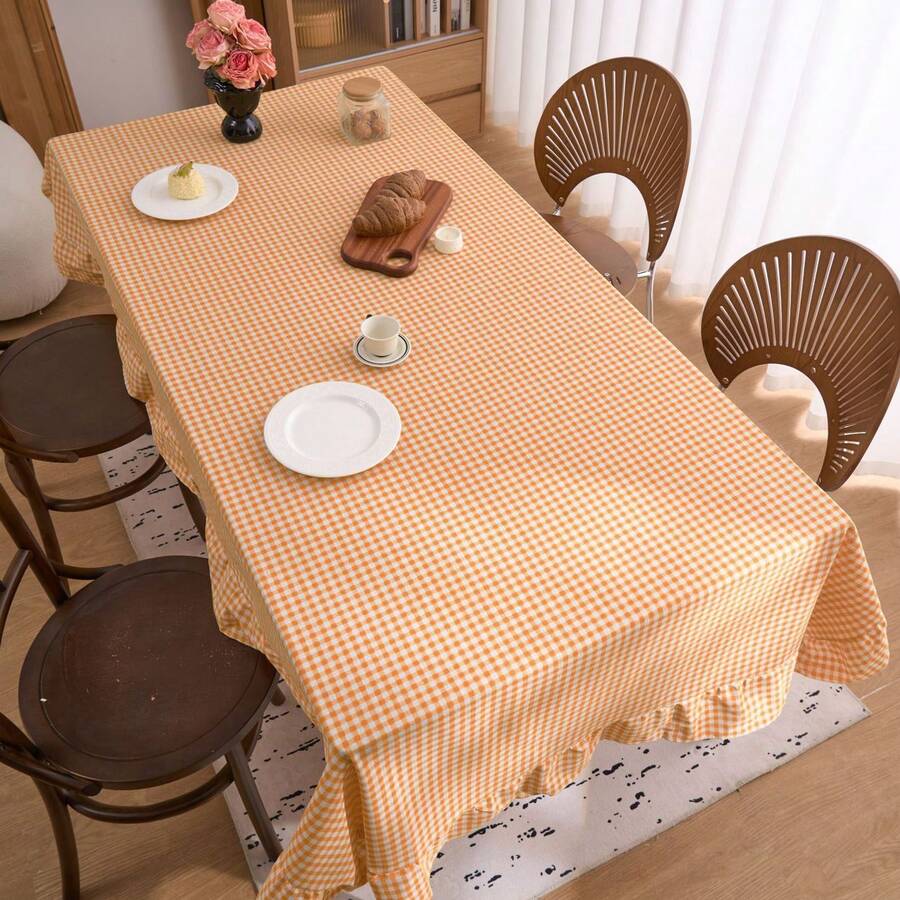 1件美式鄉村風可愛黃色小格紋荷葉邊桌布,咖啡桌、餐桌、背景布 - 彩色 - 查看 1