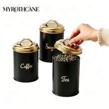 Myrothcane 3pcs Black Gold Tea Coffee Sugar Canister Set, Stainless Steel Airtight Storage Jars With Golden Lids, Modern Kitchen Counter Storage Container - Gold - View 9