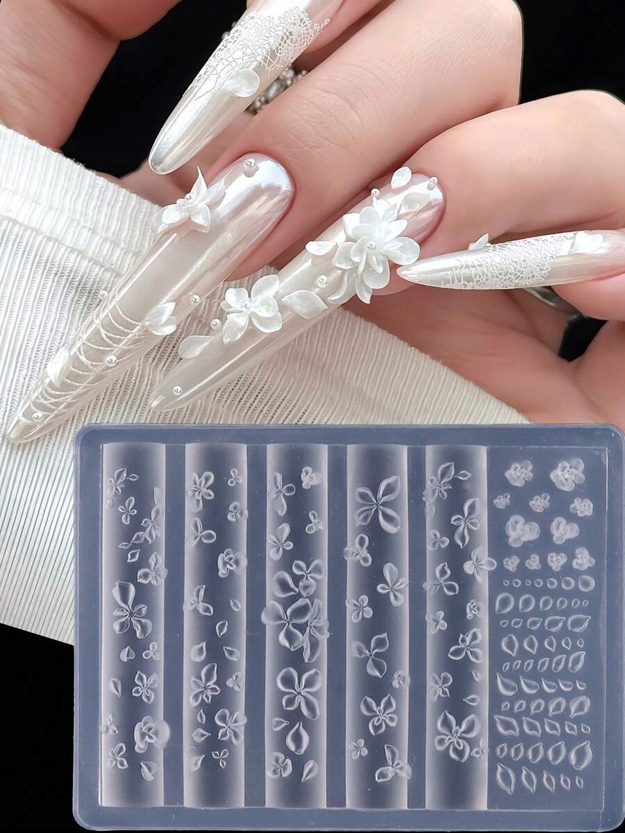 矽膠美甲模具 3D 花朵美甲裝飾 花瓣美甲模具 婚禮美甲用品 DIY 可穿戴美甲工具 可重複使用美甲雕刻模板 新娘美甲配件 多尺寸花卉美甲模具 - 無色 - 查看 1