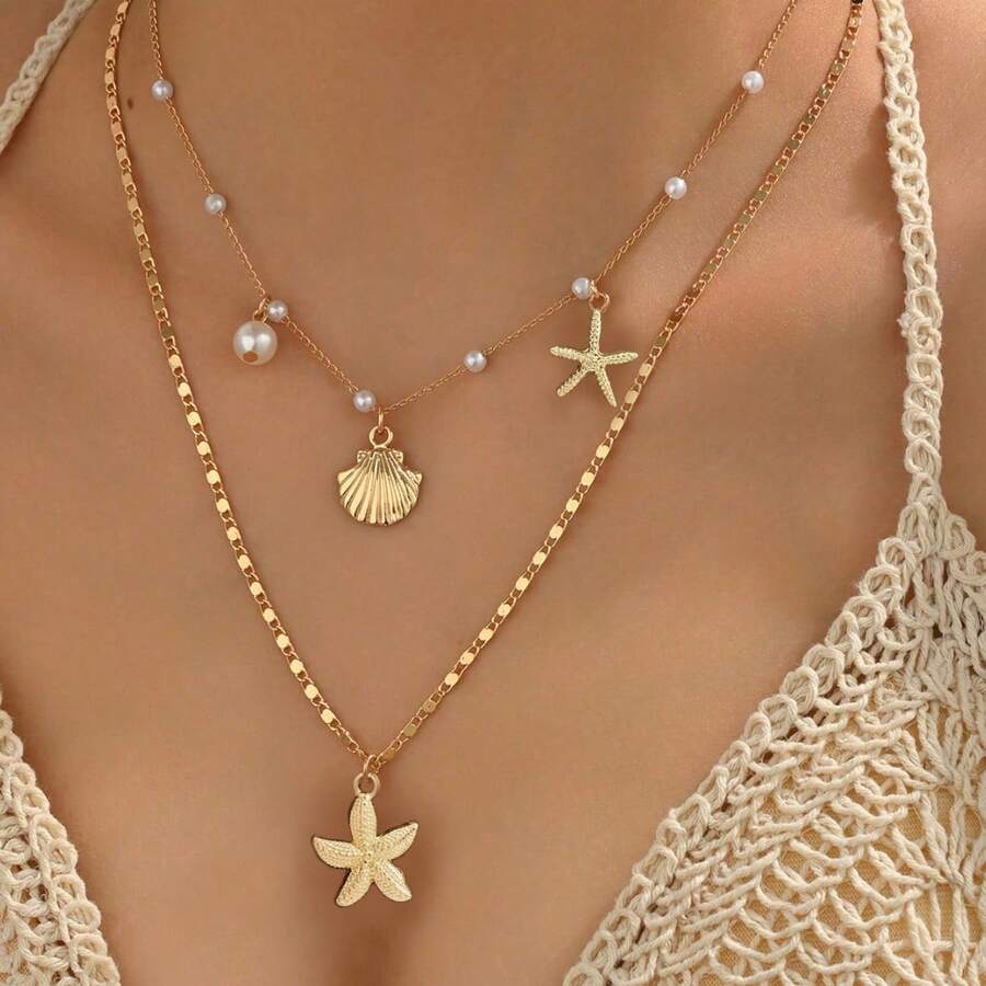 1pc Bohemian Starfish Shell Pearl Multi-Layer Necklace, Daily Beach Vacation Accessory - Multicolor - View 1