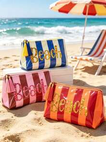 Striped Beach Makeup Bag With Tassel Zipper, "BEACH" Sequin Print, Waterproof PVC Toiletry Bag, Portable Travel Cosmetic Organizer, Multi-Functional Toiletry Bag, Vacation Makeup Storage Bag, Perfect For Beach, Pool, Cruise And Holiday Essentials, Unique Birthday Gift, Holiday Gift, Party Gift, Vacation Gift, Back To School Gift, Teacher Gift - Multicolor - View 9