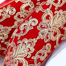 1 Yard Red & Gold Embroidered Lace Velvet Trim, Palace Style Woven Ribbon, Hanfu Cheongsam Decorative Accessory, Wedding Decoration Border - Red Gold - View 1