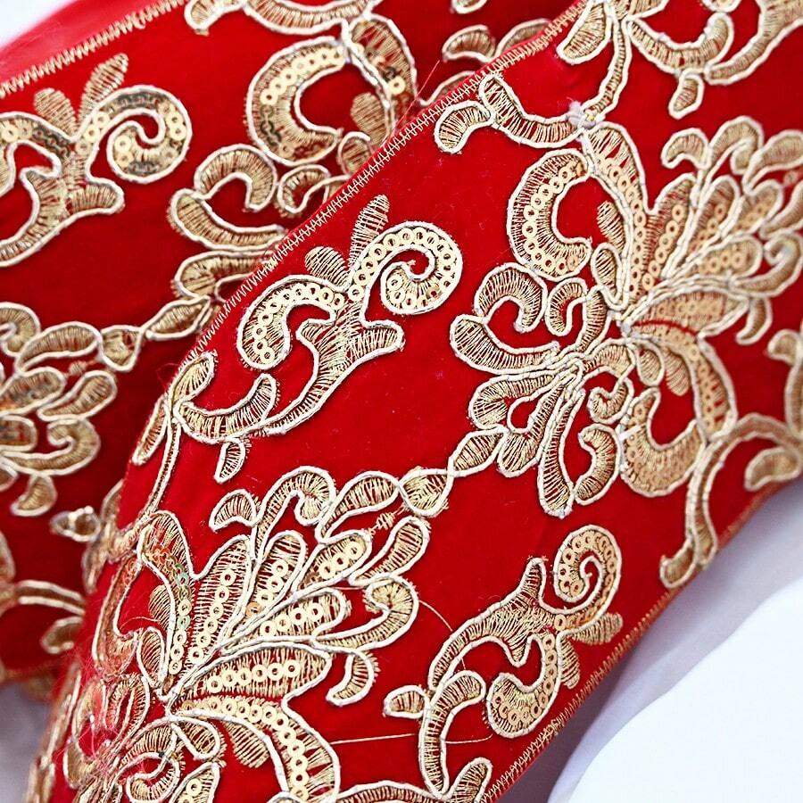 1 Yard Red & Gold Embroidered Lace Velvet Trim, Palace Style Woven Ribbon, Hanfu Cheongsam Decorative Accessory, Wedding Decoration Border - Red Gold - View 1