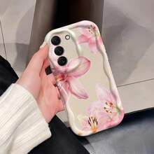 1pc Pink Floral Soft White Cream TPU Curly Wavy Border Phone Case, Compatible With Samsung A14/A15/A16/A17/A04/A05/A06/A07/A54/A55/A56/A57/A34/A35A/36/A37/S26/S26Plus/S26Ultra/Transsion SMART7/8/9/10 - White - View 2