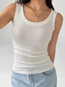 1 pieza Camiseta básica de unicolor con sujetador acolchado, camiseta sin mangas de cuello redondo - Blanco - Ver 2