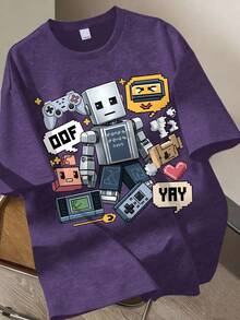 Teen Boys Vintage Robot Game Print Casual Short Sleeve T-Shirt - Purple - View 1