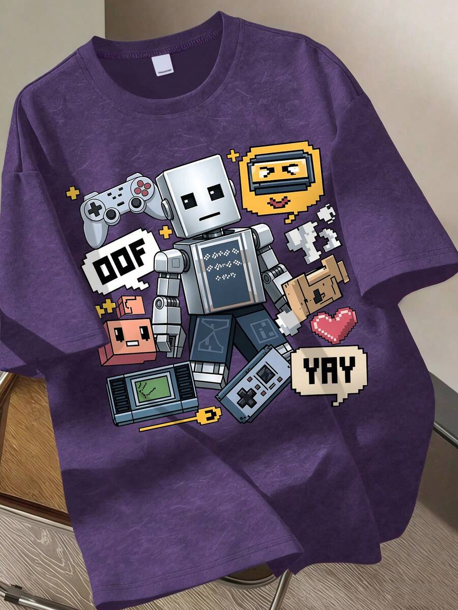 Teen Boys Vintage Robot Game Print Casual Short Sleeve T-Shirt - Purple - View 1