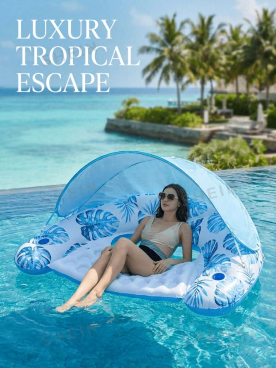 1pc Adult Inflatable Pool Float Bed With Detachable Double-Layer Sunshade Canopy, Large Backrest Water Lounge Chair, Dual Cup Holders, Thickened PVC Floating Mat, Essential For Travel Beach Vacation - Floating Rafts - View 1