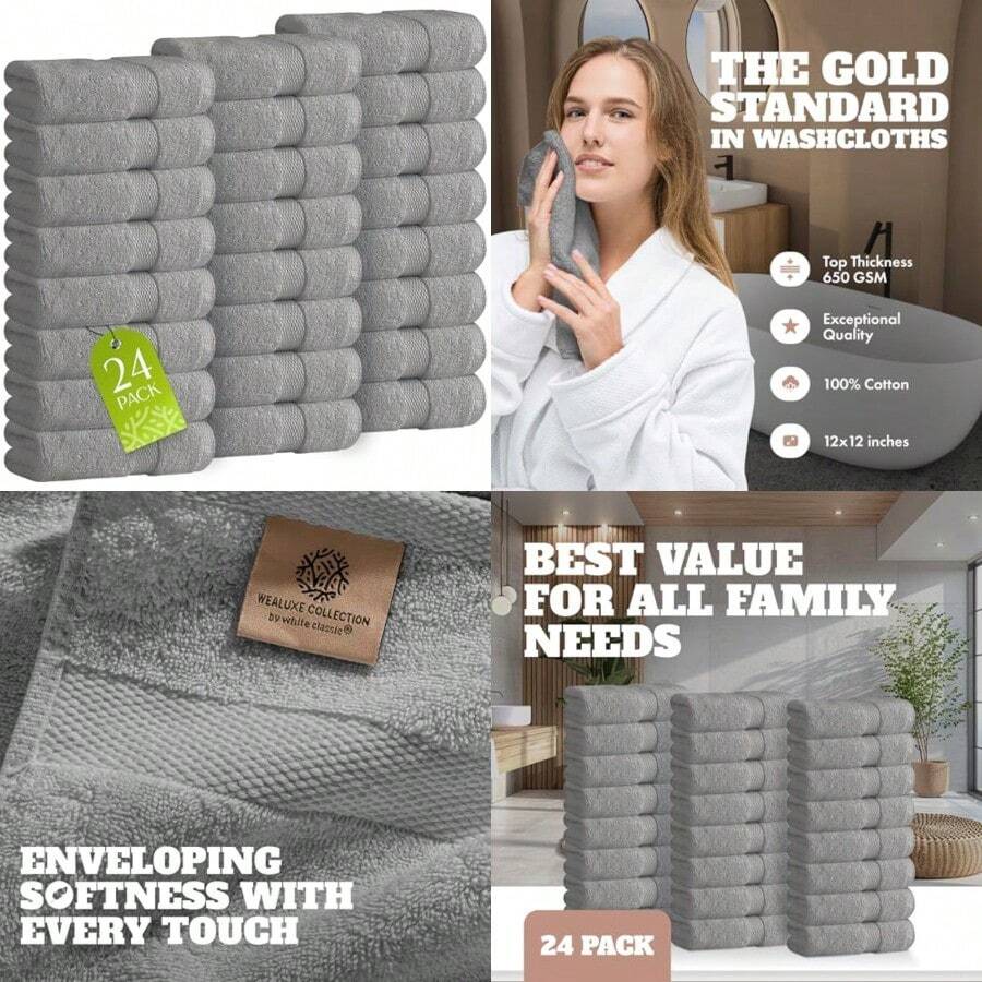 Wealuxe Washcloths 24 Pack - 600 GSM 100% Ring-Spun Cotton Wash Cloths For Showering Highly Absorbent And Soft 12x12 Inch - Light Gray - View 1
