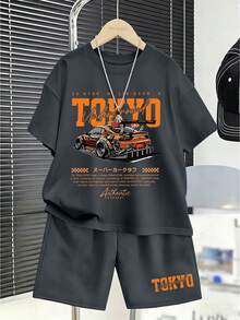 2pcs/Set Boys' Racing Theme Print Loose Top + Sports Shorts, Comfortable And Soft, Suitable For Summer And Sports - Dark Grey - View 1