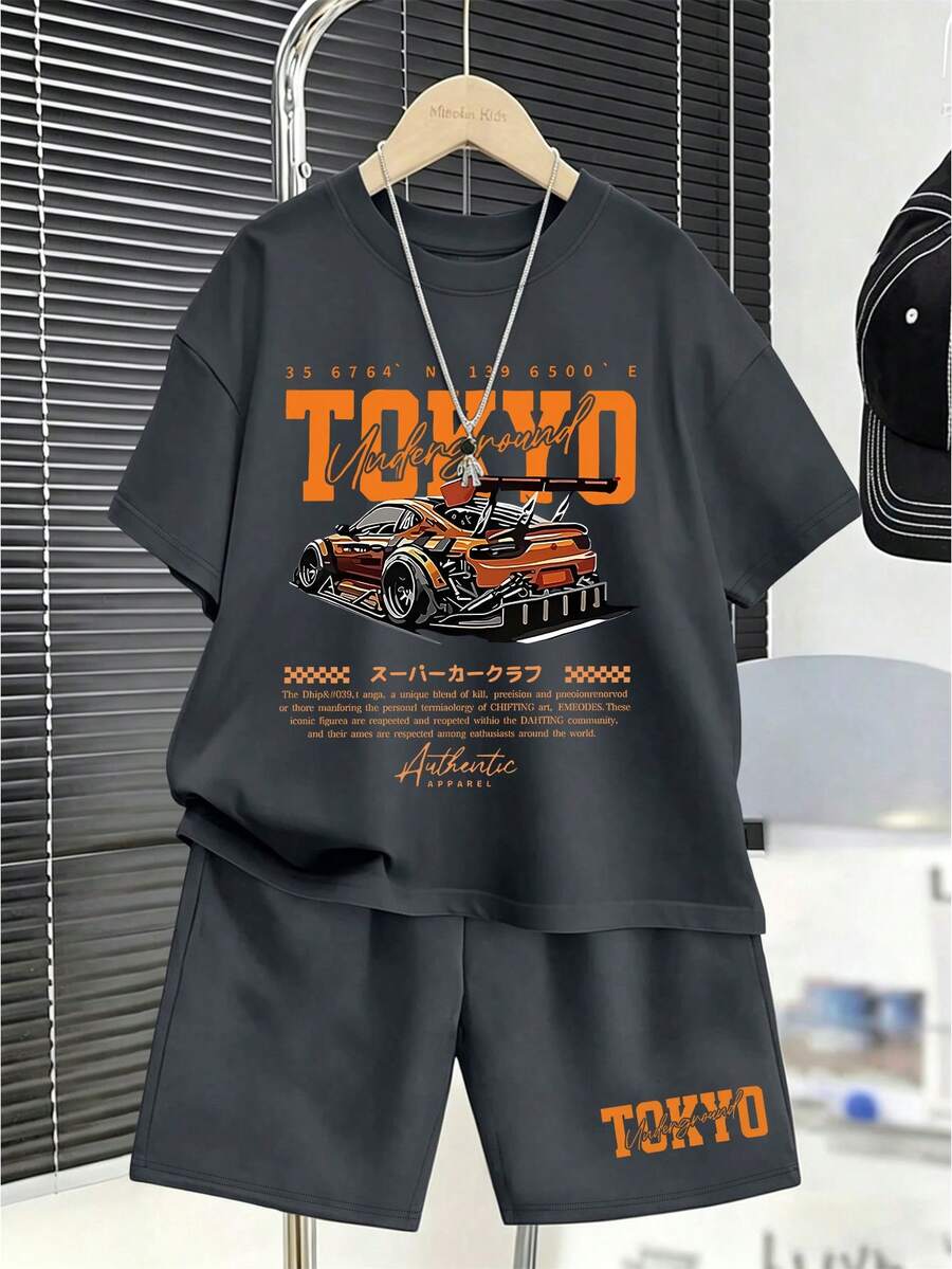 2pcs/Set Boys' Racing Theme Print Loose Top + Sports Shorts, Comfortable And Soft, Suitable For Summer And Sports - Dark Grey - View 1