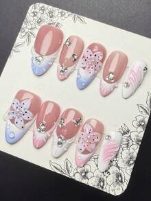 1 Set 10pcs Y2K Hot Girl Style Press-On Nails, Almond Shape Handmade Wearable Nails, Nude, Blue, Pink, White Nail Tips With French, Floral, Rhinestone Design, Glossy Nails For Women And Girls, Suitable For Party, Dance, Daily Wear, Includes Tool Kit (Note: Accessory Color Random) - Multicolor - View 3
