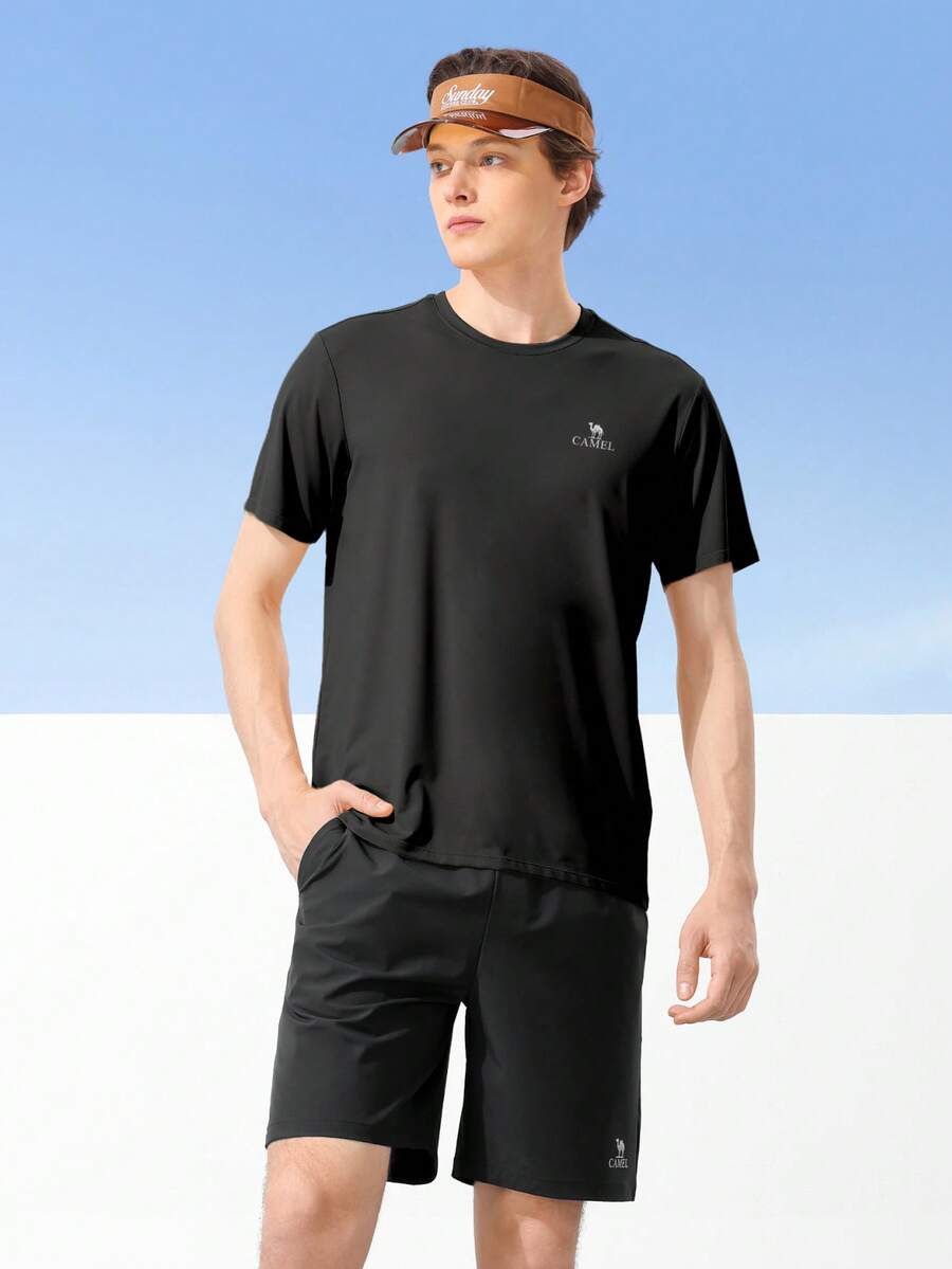 CAMEL CROWN Men's Outdoor Sports Suit Spring Fitness Wear, Breathable Quick-Drying Training Suit, Short-Sleeve Two Pieces Set - Phantom Black Phantom Black - View 1