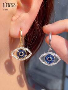 Hihho 1 Pair Royal Blue Zirconia Evil Eye Copper Pendant Earrings, Wisdom Eye, Daily Wear, Elegant, Unique Personalized, Women's Earrings, Suitable For Festivals, Parties, Outings, Vacations, Campus Decoration, Small Gift For Friends - Eyes and Earrings - View 6