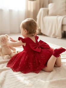 Baby Girl Elegant Minimalist Burgundy Round Neck Sleeveless Backless Detachable 3D Bow Dress, Suitable For Birthday Party, Evening Gala, Performance, Wedding, Ball, Opening Ceremony And Other Occasions. Baby Girl Daily Wear, Suitable For School, Outdoor Activities, Vacation - Burgundy - View 3