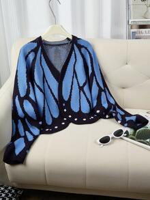 Butterfly Cape Knit Cardigan, Contrast Color Crochet Design, Loose Batwing Sleeves, Spring/Autumn Atmosphere Outerwear Sweater Jacket - Multicolor 4 - View 7