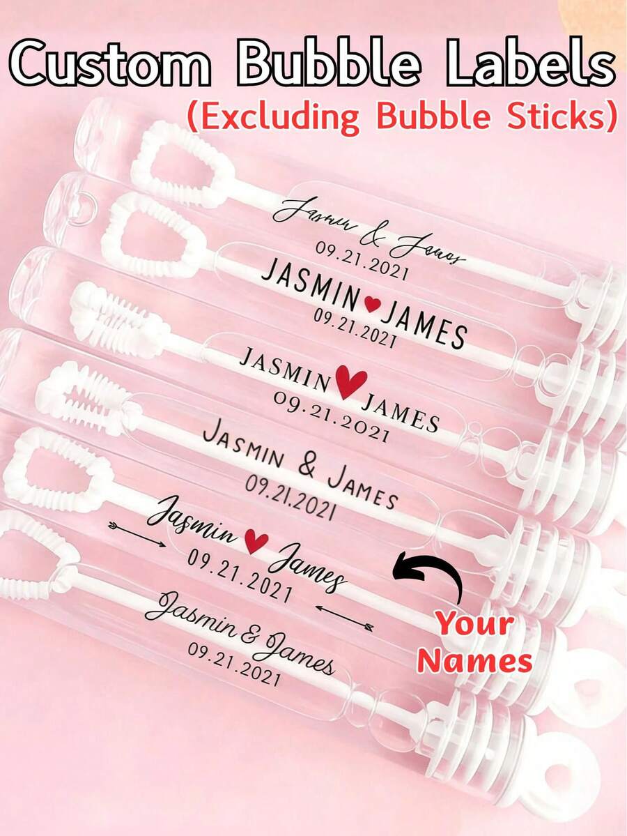 Personalized Wedding Bubble Labels [Labels Only, Bubble Wand Not Included], Customized Wedding Bubble Labels, Customizable Name And Logo PVC Stickers, Suitable For Wedding Favors, Bachelorette Party, Outdoor Wedding Send-Off, Customized Bubble Wand Labels, Wedding Bubble Tube Labels, Wall Decals - Multicolor - View 1