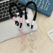 1pc Y2K Iridescent Butterfly Smart Phone Wrist Strap, Thick Braided White & Pink Contrast Color Hand Rope, Acrylic Heart Phone Shoulder Strap Charm, Sweet Versatile Daily Phone Accessory - Multicolor - View 5
